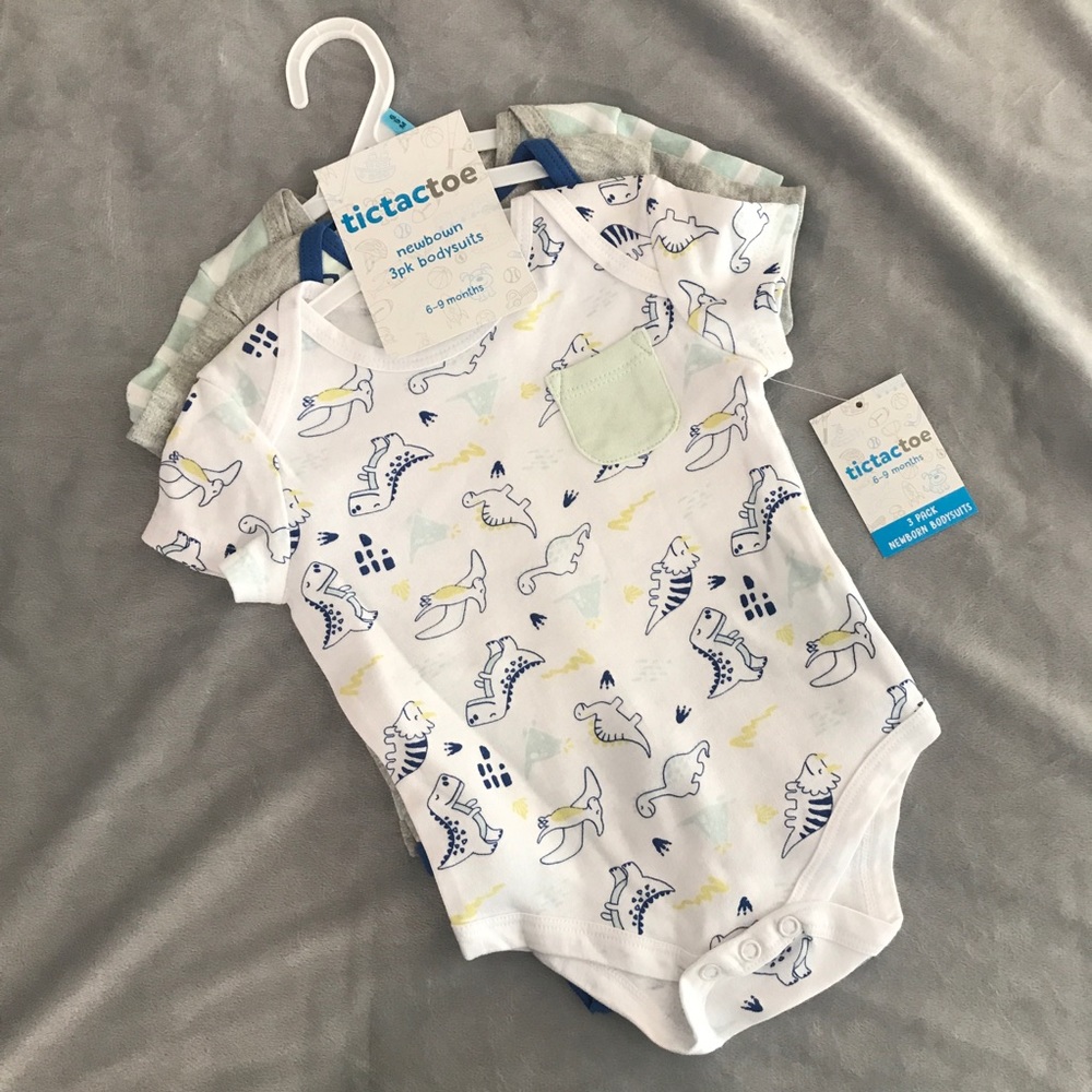 Tictactoe Dinosaur Themed 3pk Bodysuits NWT Size 6–9 month